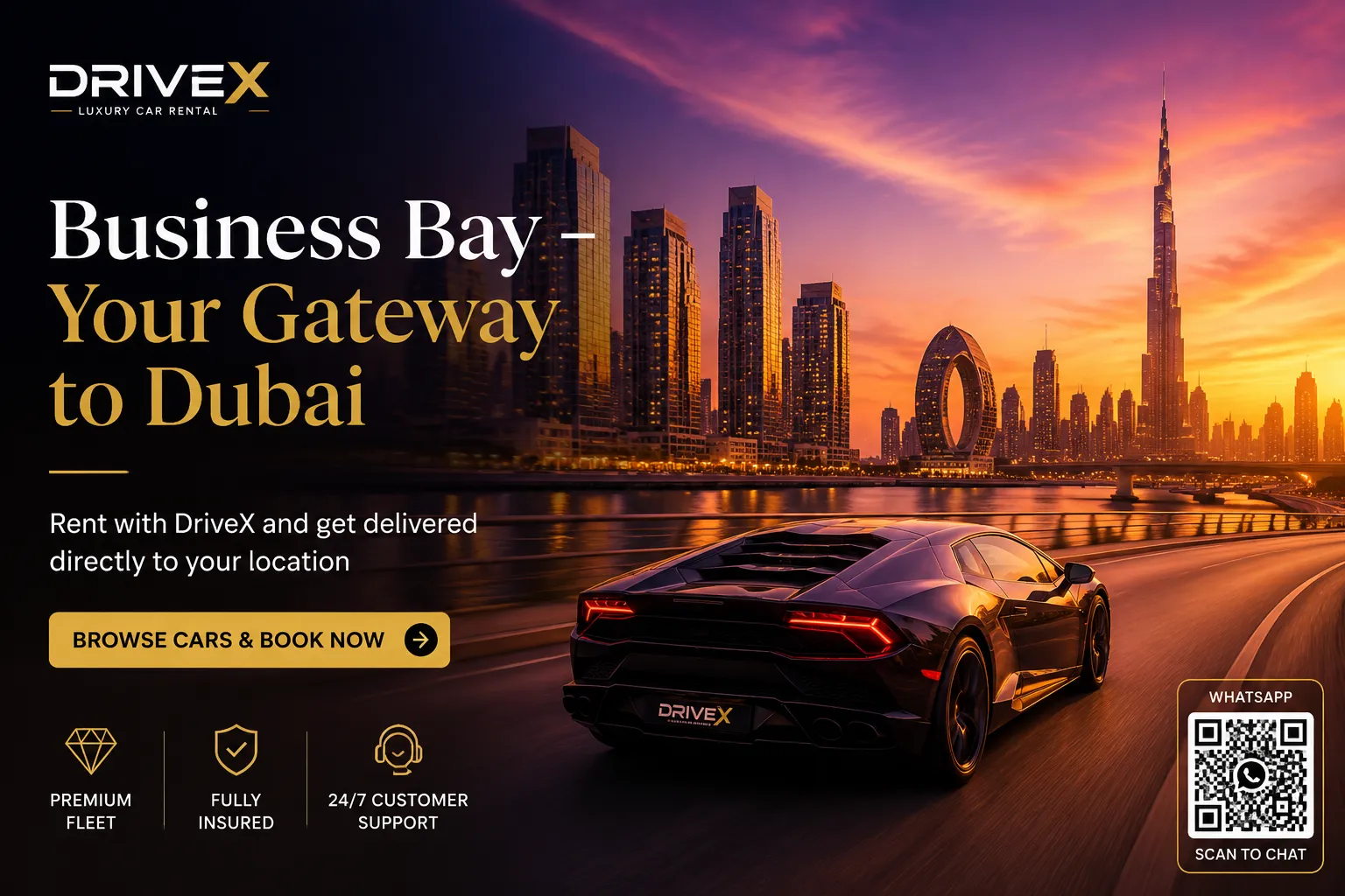 Luxury sports car in Dubai with city skyline at sunset.